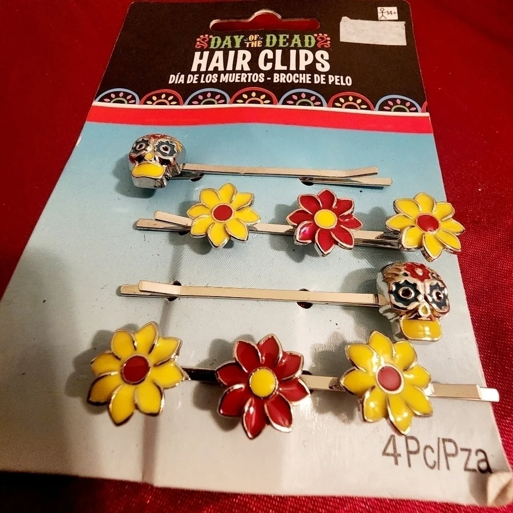 Four Day of the Dead Hair Clips Skulls & Flowers Dia De Los Muertos Halloween